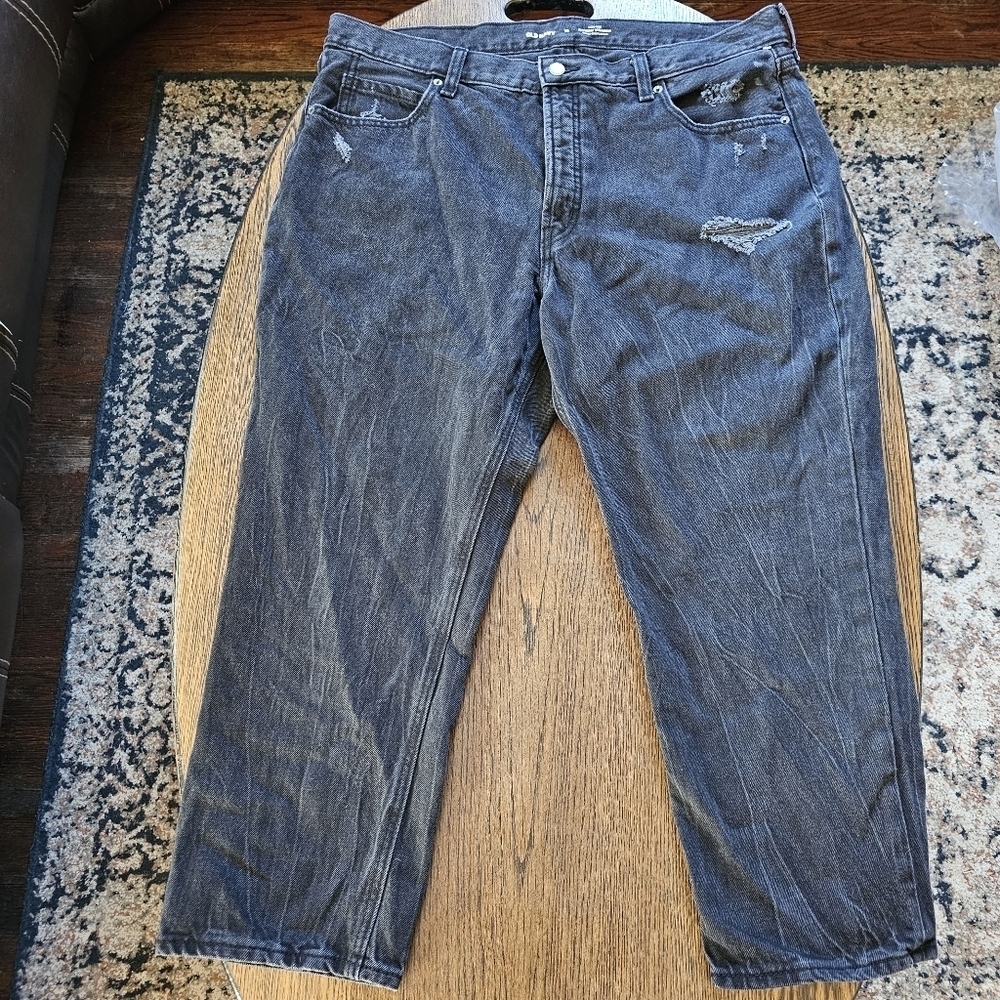Old Navy High Rise Slouchy Straight Black Distressed Buttonfly Jeans Size 16 - Picture 2 of 12